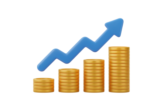 3d illustration Financial growth represented by rising coin stacks and upward arrow. Isolated on transparent background, png