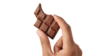 chocolate bar with a bite mark held by a hand. Isolated on transparent background, png