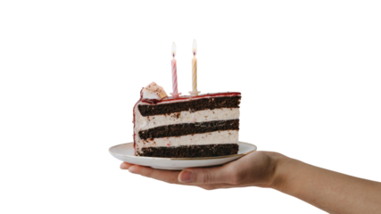 slice of birthday cake with burning candles being served. Isolated on transparent background, png