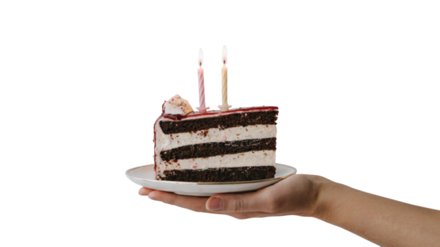 slice of birthday cake with burning candles being served. Isolated on transparent background, png