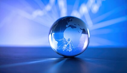 A crystal globe showcasing interconnected lines represents global connectivity and technology against a blue background.