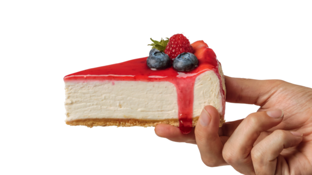 hand holding delicious slice of cheesecake with berries. Isolated on transparent background, png