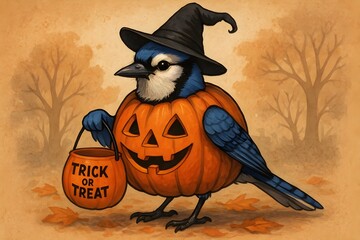 Blue Jay in Pumpkin Costume & Witch Hat – Adorable Halloween Bird with Treat Bucket