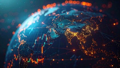 A vibrant digital representation of Earth, showcasing global data trends with glowing lights and graphs overlaid on a map.