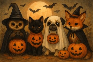 Halloween Animals Gathering – Adorable Creatures in Costumes Celebrating the Spooky Season