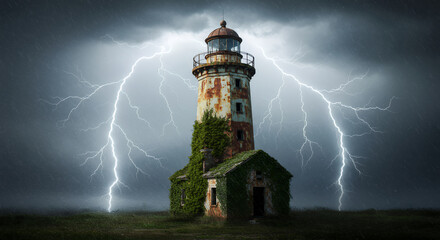 Rusty Lighthouse Surrounded by Dark Storm Clouds and Lightning During Heavy Rainstorm