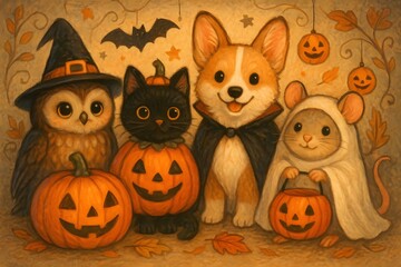 Halloween Animals Gathering – Adorable Creatures in Costumes Celebrating the Spooky Season