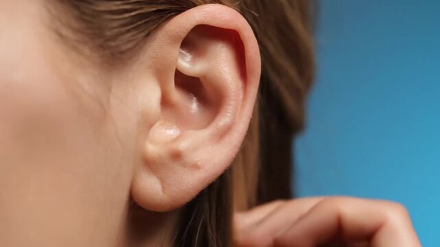 Closeup of a human ear showing details of the anatomy and structure.