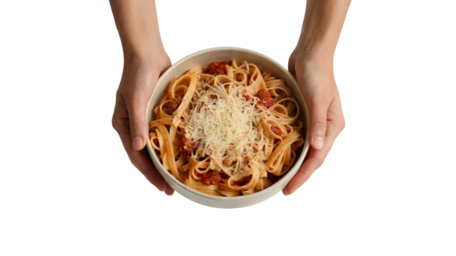 hands holding bowl of delicious pasta. Isolated on transparent background, png - Powered by Adobe