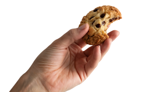 Hand holding partially eaten chocolate chip cookie . Isolated on transparent background, png