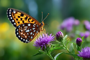 Obraz premium Vibrant orange butterfly with spotted wings on a purple thistle flower.