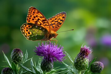 Obraz premium A vibrant orange butterfly delicately perches on a purple thistle flower.