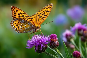 Obraz premium Detailed macro of a vibrant orange butterfly on a beautiful purple wildflower.