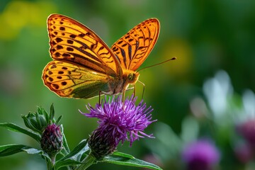 Obraz premium Vibrant orange butterfly on purple thistle, wings glowing in warm sunlight.