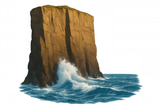 Cliff face standing strong against powerful ocean waves, water splashing creating sea foam, transparent background - Powered by Adobe