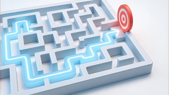 Glowing path through white maze leading to red target, illuminated route and minimal solution strategy for success, challenge navigation and modern minimalism glow path route maze target solution