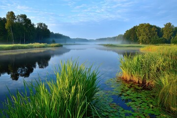 An idyllic lake at dawn with fog drifting over the water, tall green grass and trees on shore, creates a calm and peaceful scene in a nature preserve.