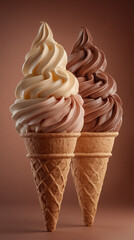 Two tasty vanilla with chocolate nut ice creams in wafer cones. Delicious sweet milk candy balls