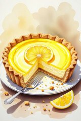 Half-eaten lemon tart, painted in light watercolor pencil hybrid with crumb textures, creamy layers, pale citrus tones, and a dramatic bite mark frozen in time