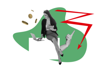 Composite trend artwork collage of young lady businesswoman sit work laptop tablet earn money loss crisis finger point gesture arrow down