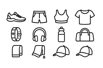 Set of black and white line art icons of workout gear and accessories