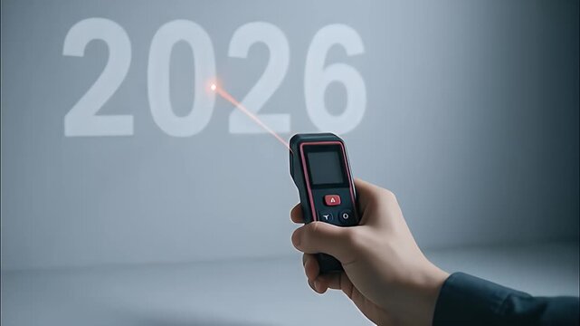 Handheld laser distance meter projecting red beam toward wall displaying 2026. modern measuring tool hand pointing projected numbers with focused precise beam, minimal neutral background