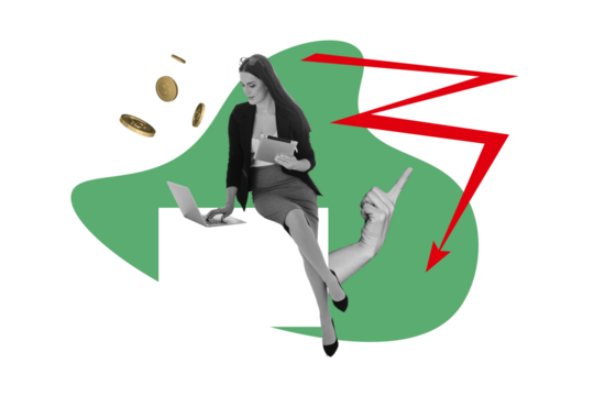 Composite trend artwork collage of young lady businesswoman sit work laptop tablet earn money loss crisis finger point gesture arrow down