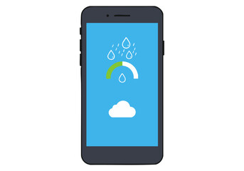 A smartphone displays a rain level indicator app. Clean, modern UI with a blue background and rain icon. Suitable for tech, weather, and app design visuals.