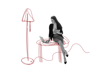 Composite photo collage of happy businesswoman type laptop hold ereader office indoor room doodle torchere isolated on painted background