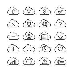 Fototapeta premium Set of black and white line icons in cloud outline style for technology and digital interactions