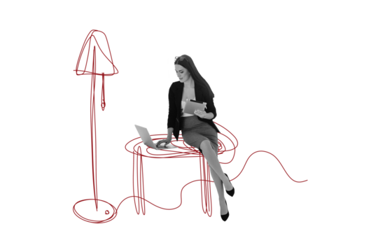 Composite photo collage of happy businesswoman type laptop hold ereader office indoor room doodle torchere isolated on painted background - Powered by Adobe