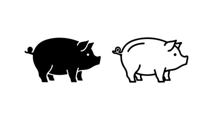 Pig icons with outline and solid fill with transparent background