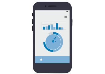 Smartphone displays a rainwater levels graph. Modern UI, blue color scheme, clean design. Ideal for environmental tech or smart home concepts.