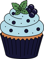 Delicious blueberry muffin with swirled frosting and fresh mint garnish vector