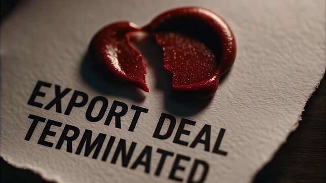 Export deal terminated notice textured torn paper with broken red wax seal conveying legal contract breach cancellation disappointment and finality dramatic low light close up emotional emphasis seal