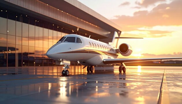 A sleek private jet parked at a modern airport hangar, reflecting a stunning sunset sky.