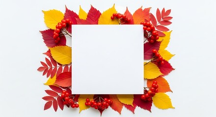 Autumnal flat lay composition with a square blank paper mockup framed by colorful fall leaves and red rowan berries on a white background