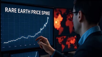 Rare earth price spike chart digital monitor with analyst pointing steep upward trend data visualization and global map displays creating tense financial urgency analyst pointing large screen showing - Powered by Adobe