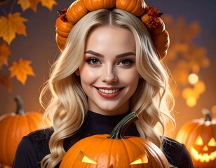 Smiling woman with pumpkin crown