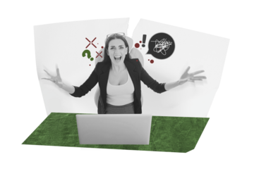 Composite photo collage of angry bossy businesswoman sit office table macbook device problem text box fail isolated on painted background