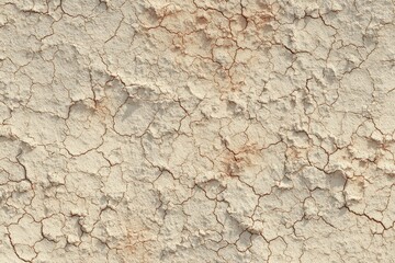 A close-up view of cracked, light beige earth, highlighting the patterns of desiccation and dryness.