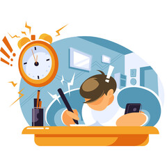 Student Studying Late Night Alarm Rings Phone Rings Urgent Deadline Approaching Stressful Study Session In Progress Overwhelmed Student Focused on Desk Work With Digital Devices.