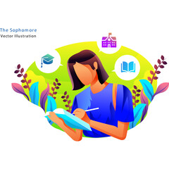 Student Writing In Notebook Surrounded By Leaves With Icons Of Graduation Cap Open Book And School Building Vector Illustration