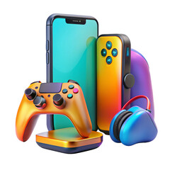 Tech toys. Phone, controller, device, and headset for gaming. Gradient, bright colors