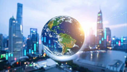 A digital globe over a city skyline, symbolizing global finance and connectivity, with financial graphs illustrating market trends.