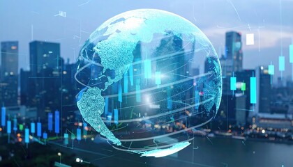 A digital globe overlaying a cityscape, featuring financial graphs and data visualizations, representing global business and technology.