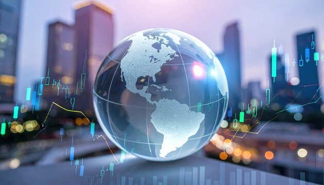 A digital globe symbolizing global finance, overlaid with stock market data against a city skyline at dusk.