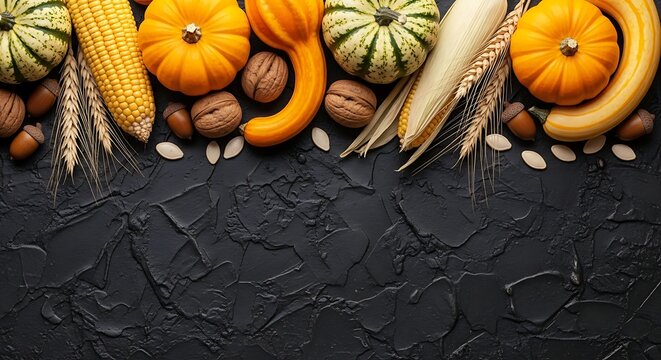 Autumn Harvest Bounty A Festive Composition of Pumpkins, Gourds, and Natural Elements on a Dark Background