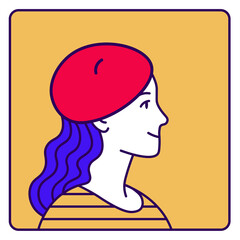 Minimalist vector illustration of a French woman in profile, wearing a red beret and striped shirt. Symbolic modern representation of Marianne, the allegory of France. Warm background and bold lines