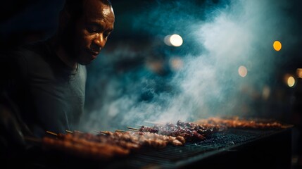 Naklejka premium Man grilling meat skewers at night market with smoke and bokeh lights